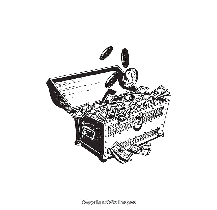 Black And White Illustration of a Treasure Chest Full of Coins and Money
