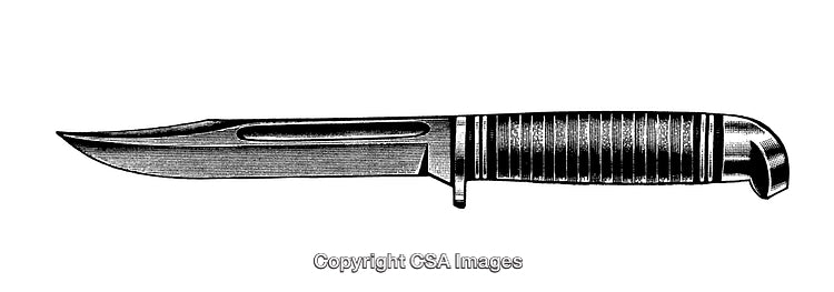 Detailed Black and White Illustration of a Classic Hunting Knife