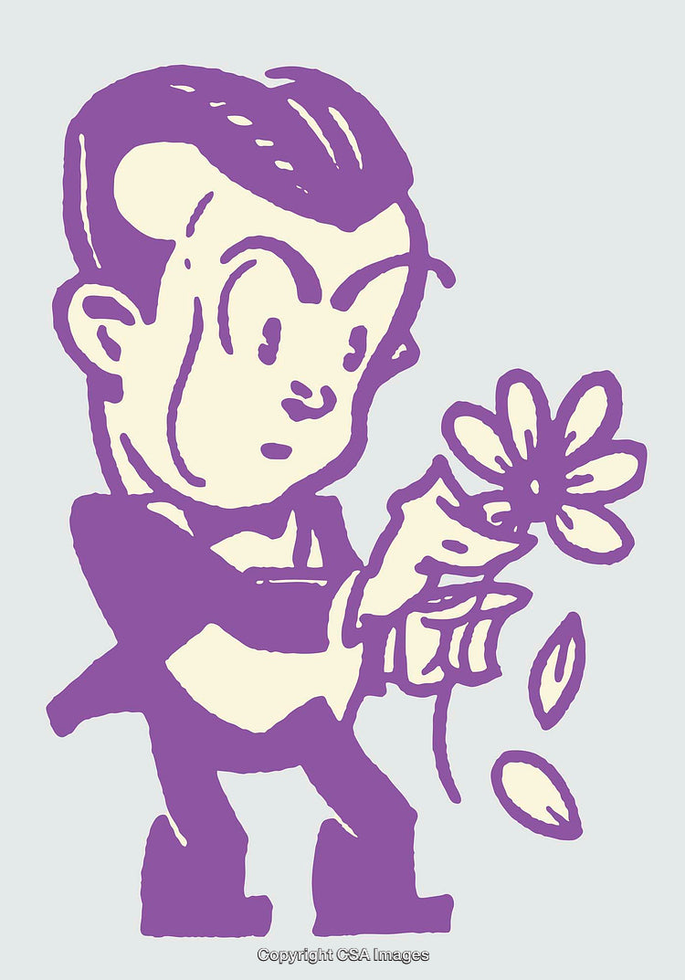 Purple Line Art Illustration of a Boy with a Flower in Hand