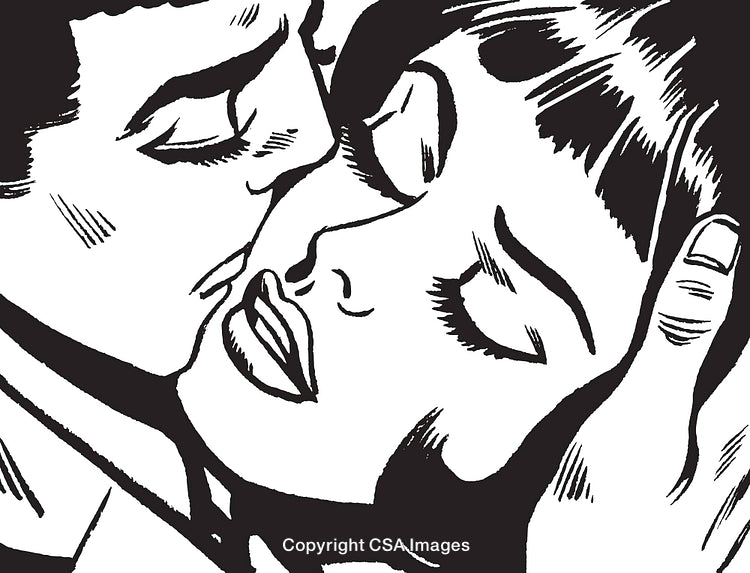 Artistic Black and White Illustration of a Romantic Couple Sharing a Kiss