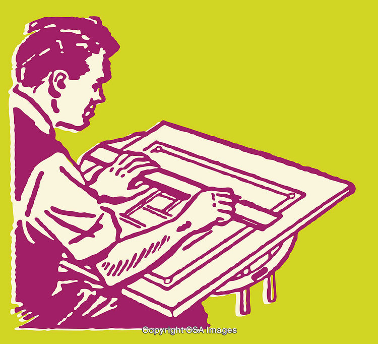 Illustration of a Person Working on a Drawing Table in a Line Art Style
