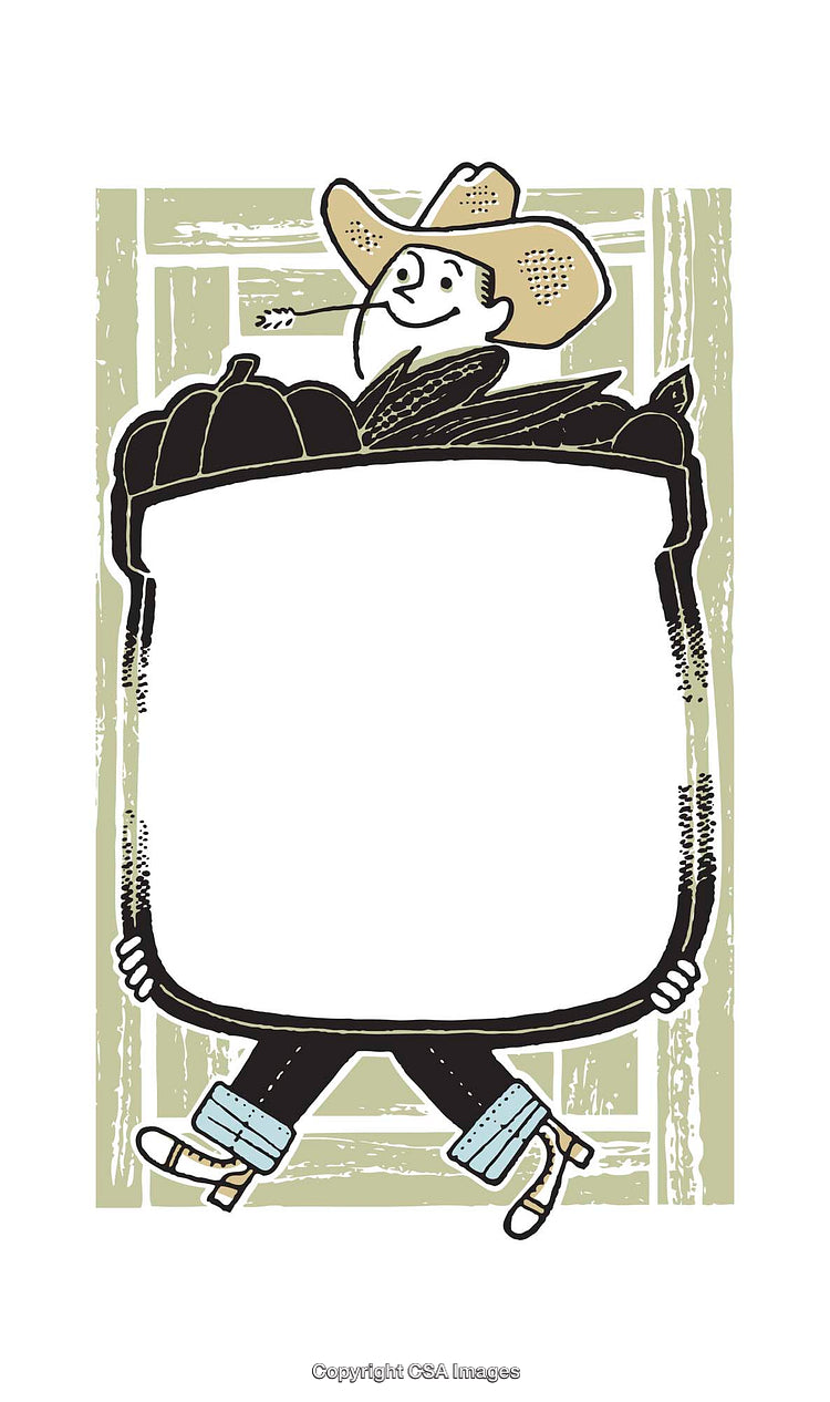 Illustration of a Cheerful Farmer with a Blank Harvest Display