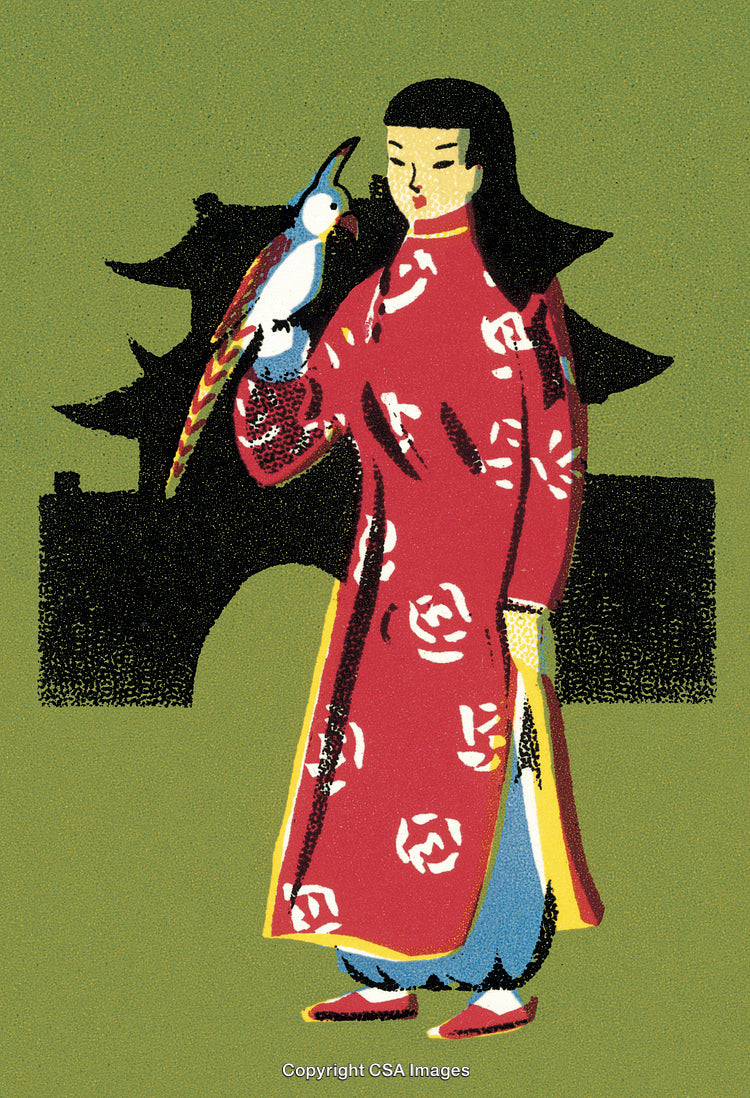 Traditional Asian Art Depicting a Woman with a Bird in a Serene Setting