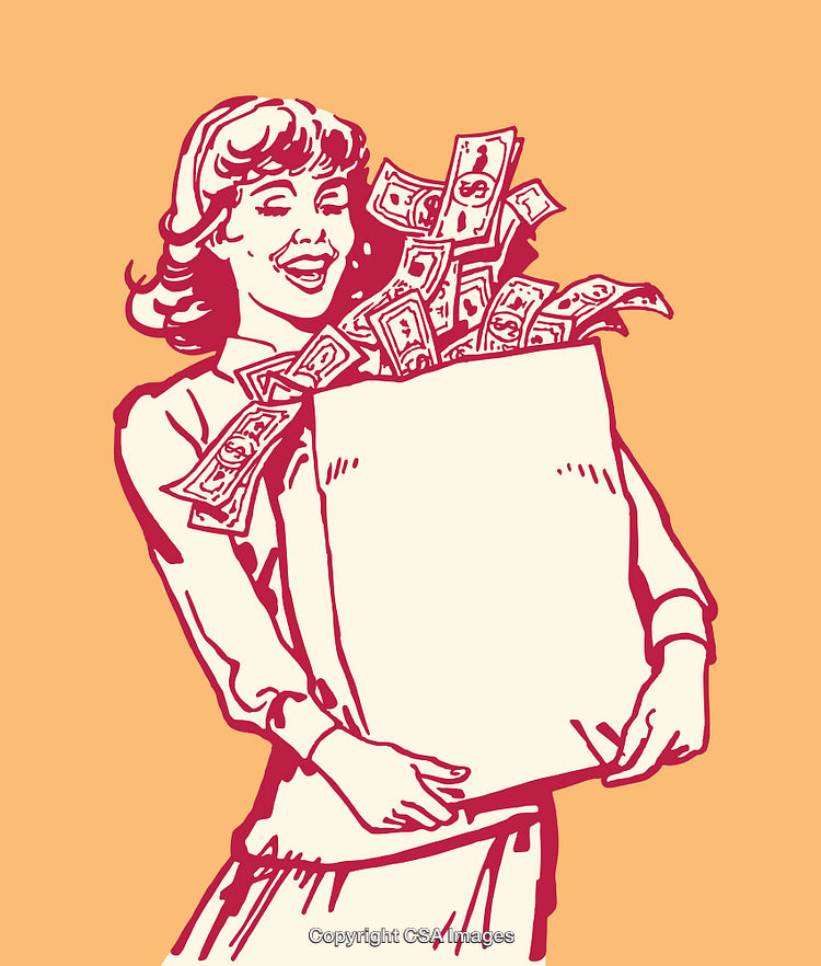 Retro Illustration of a Woman Holding Bag Full of Cash in Color Art