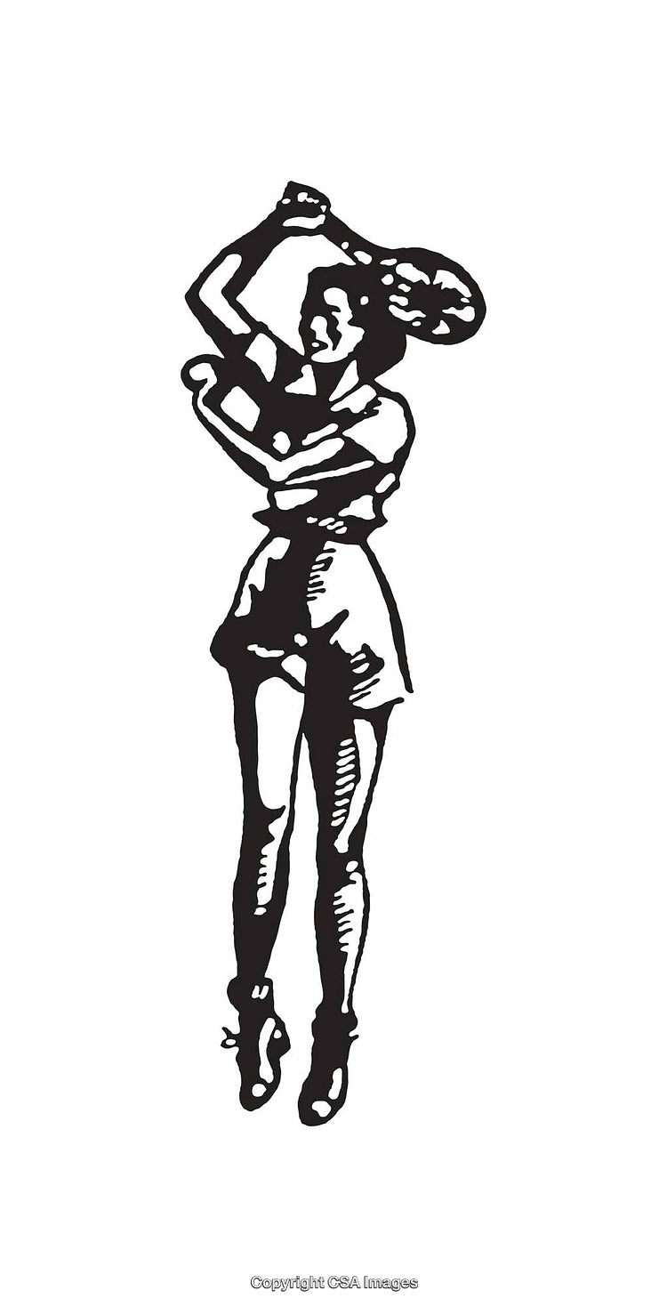 Vintage Black and White Line Art of Woman Playing Tennis