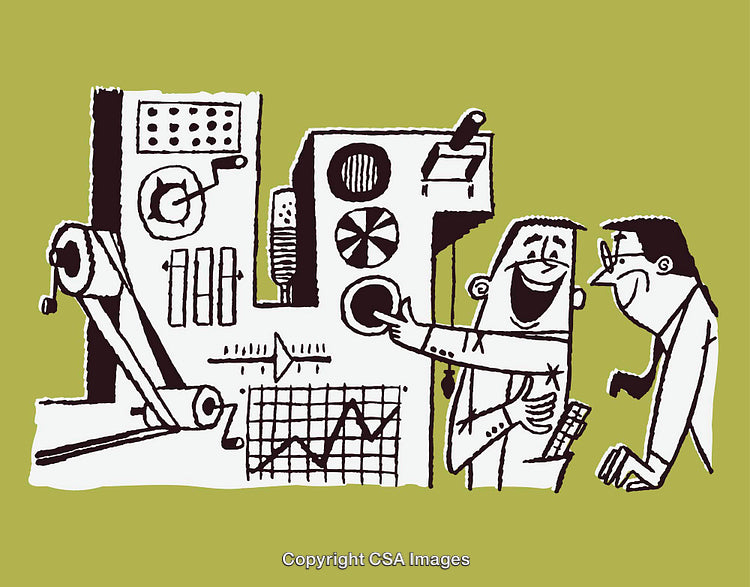 Retro Styled Illustration of Professionals Using Equipment in a Laboratory Setting