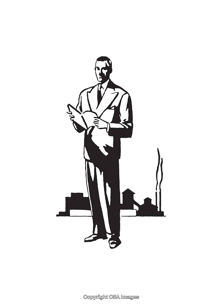 Black and White Illustration of a Man in Business Attire with Document