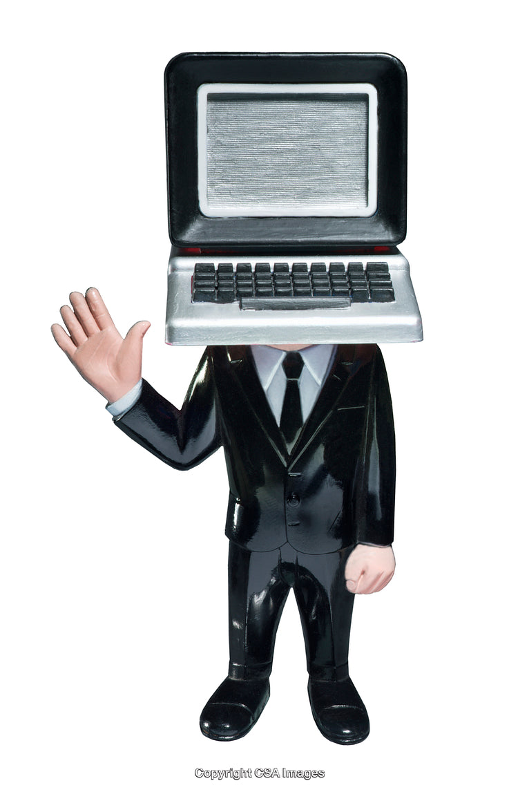 Suit-Wearing Figure with a Computer for a Head Waving a Hand