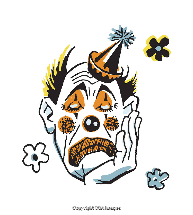 Whimsical Illustration of Sad Clown Wearing Party Hat with Floral Accents