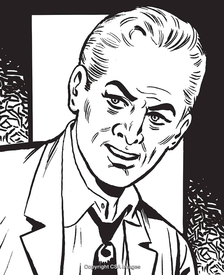 Black and White Illustration of Man's Confident Expression in Retro Style