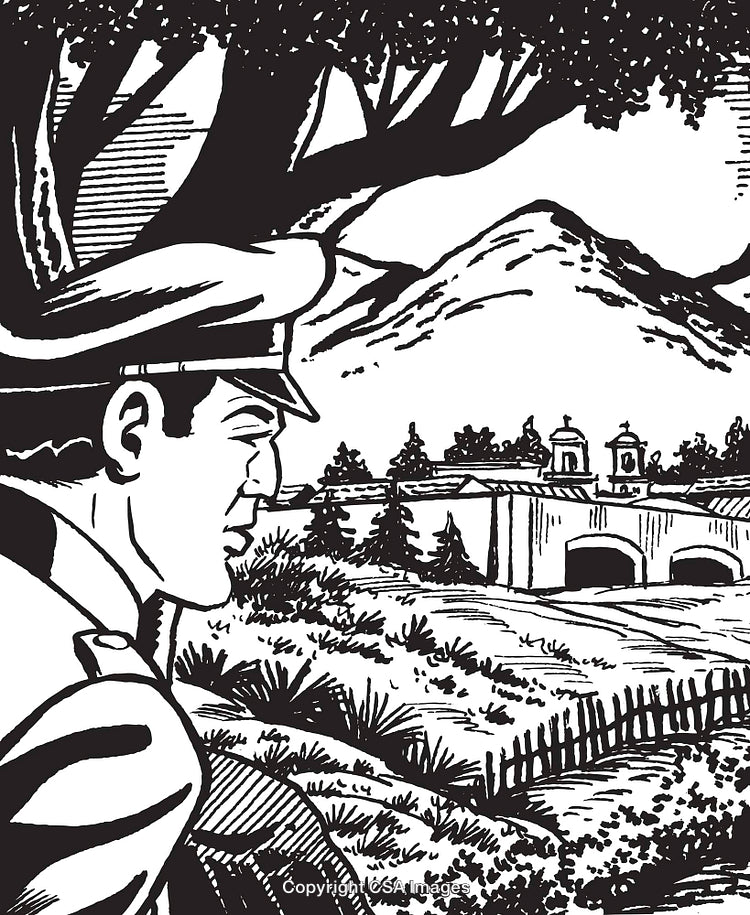 Illustration of Soldier Observing Scenic Rural Landscape and Buildings
