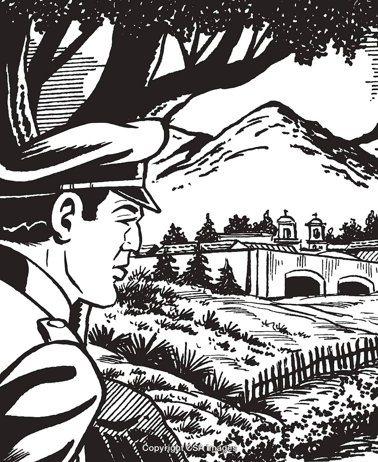 Illustration of Soldier Observing Scenic Rural Landscape and Buildings