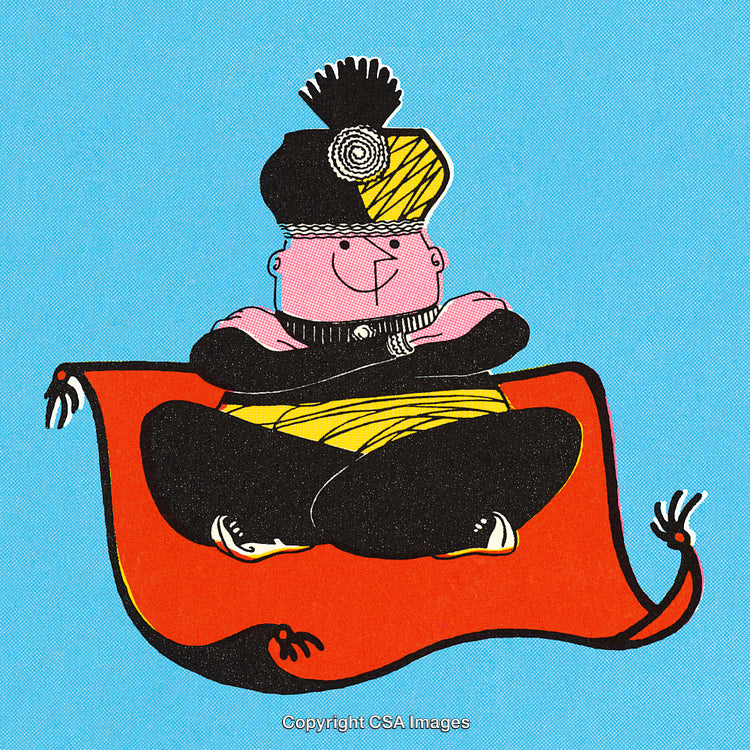 Whimsical Cartoon Character Riding Flying Carpet Against Blue Sky