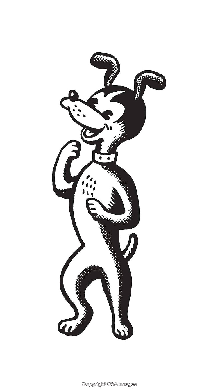 Playful Cartoon Dog Illustration with Happy Expression in Black and White Art