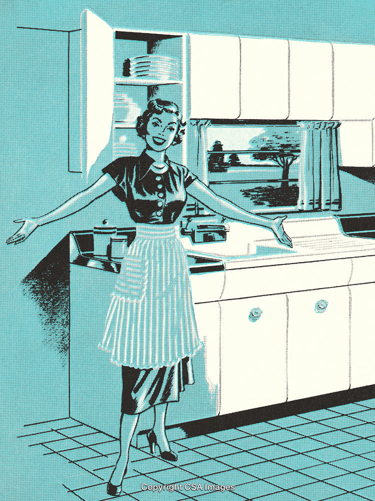 Retro Illustration of Happy Homemaker in a Kitchen Setting