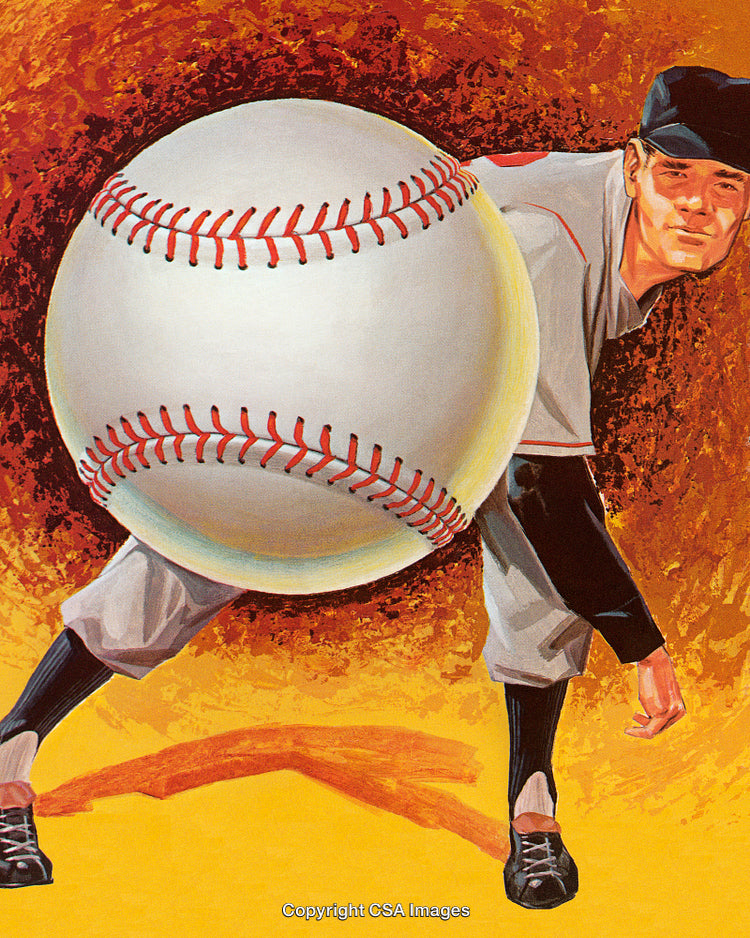Vintage Artwork of Baseball Pitcher with Oversized Ball in Action Pose