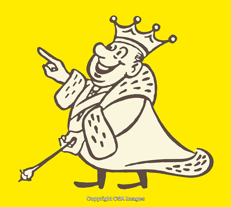 Illustration of a Cartoon King Pointing Enthusiastically on Bright Yellow Background