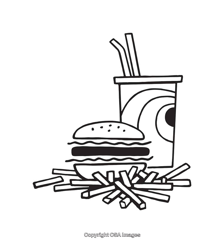 Black and White Line Art of a Classic Fast Food Meal Combo