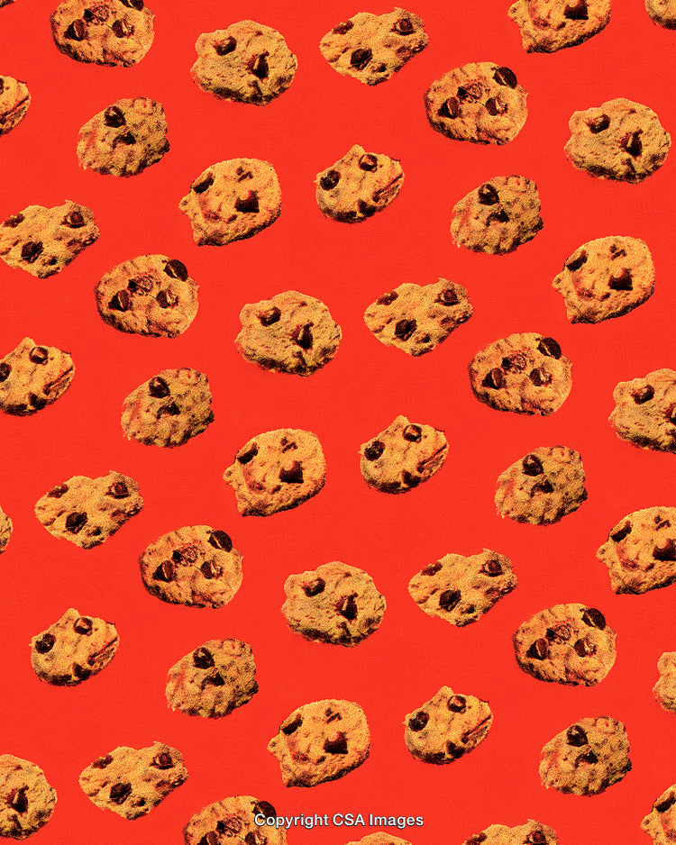 Chocolate Chip Cookies Pattern on Bold Red Background for Culinary Themes