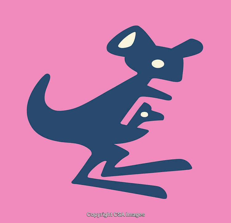 Minimalist Blue Kangaroo with Joey on Pink Background Illustration