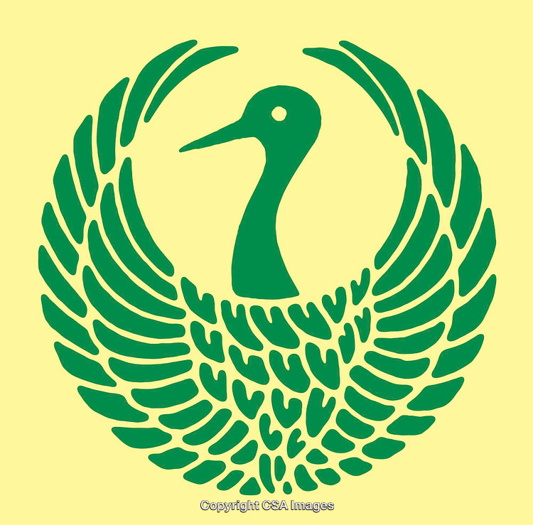 Green Crane Emblem with Stylized Feathers on Yellow Background