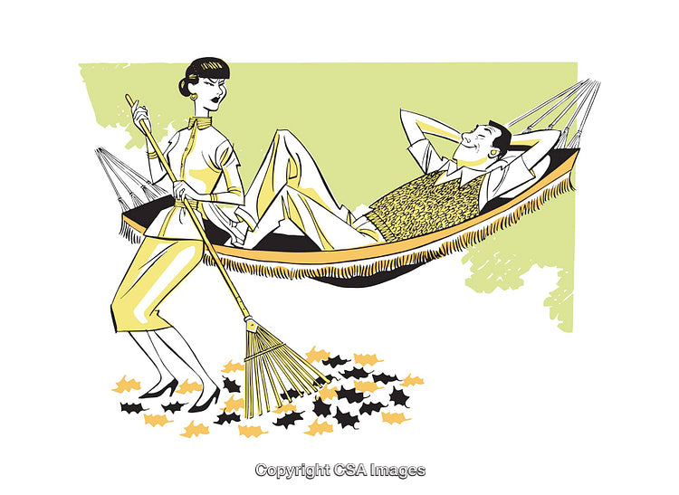 Retro Illustration of a Woman Raking Leaves Beside a Relaxing Man in Hammock