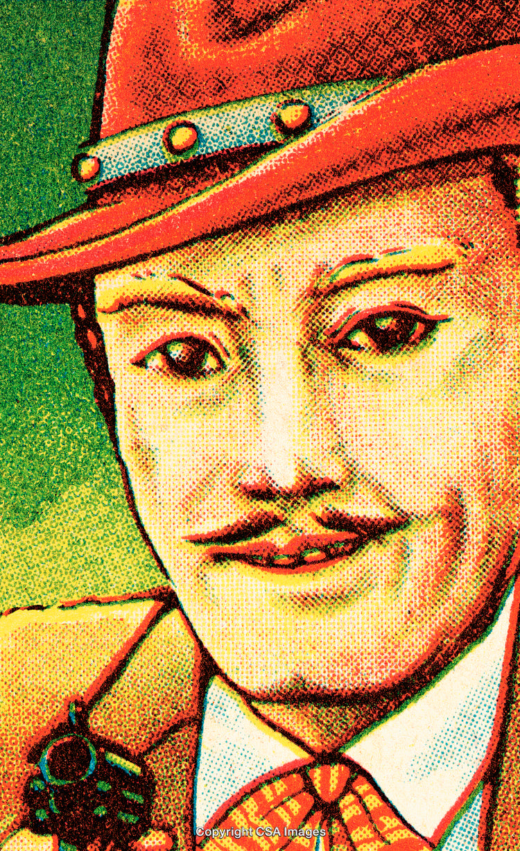Vintage Style Color Illustration of a Smiling Man Wearing a Red Hat