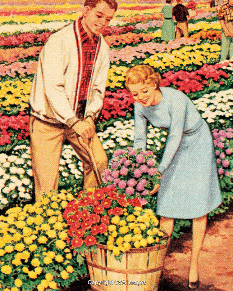 Elegant Retro Illustration of Couples Gathering Among Vibrant Flower Fields