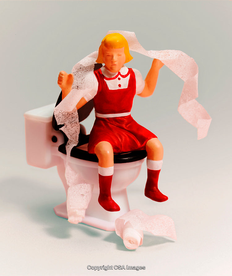 Plastic Toy Figure Sitting on Toilet with Tissue Paper Scene