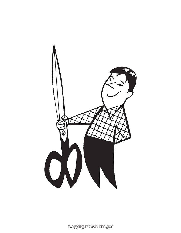 Cartoon Illustration of a Smiling Character Holding Large Scissors