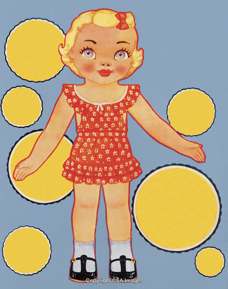 Vintage Paper Doll Illustration with Blossoms and Retro Design