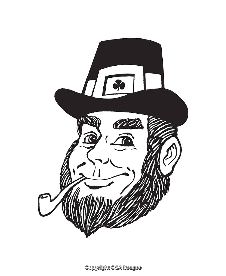 Black and White Illustration of a Smiling Leprechaun with a Pipe