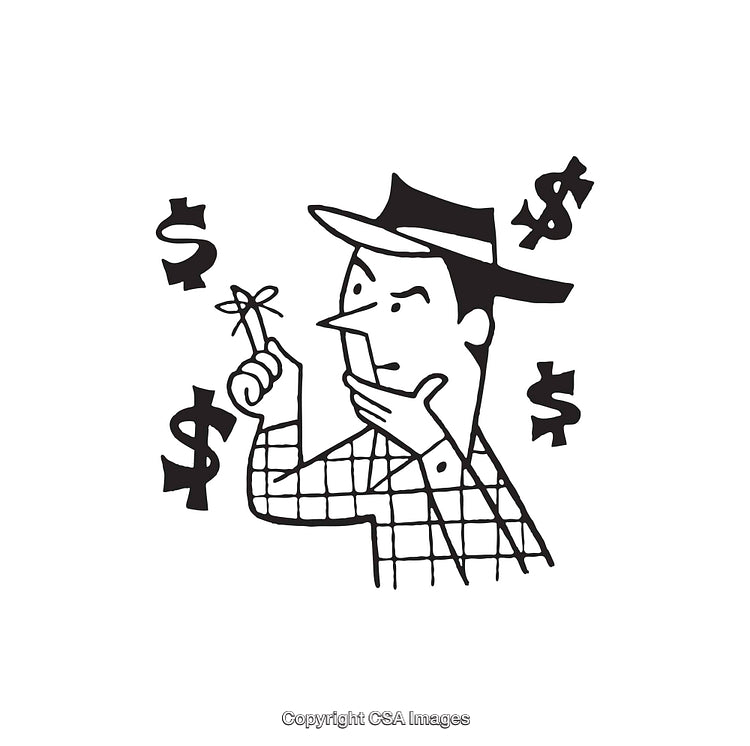 Black and White Line Art Illustration Depicting Financial Concept with Thinking Man