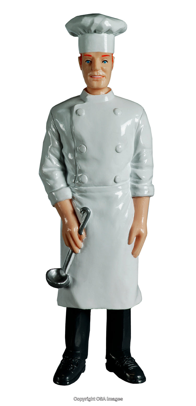 Plastic Chef Figurine Holding Ladle in White Uniform and Hat