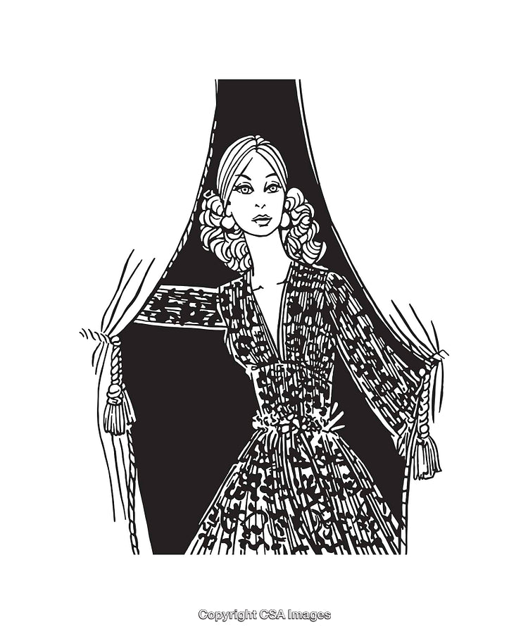 Elegant Woman Drawing Opening Curtains in Black and White Line Art