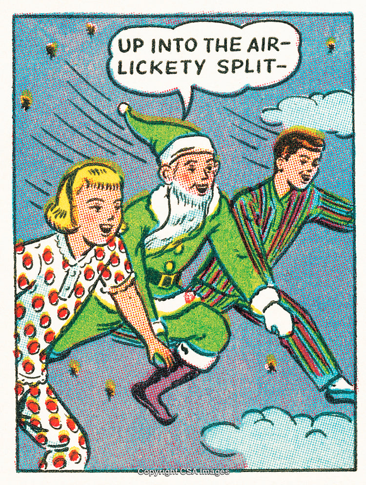 Whimsical Comic Scene Depicting Flying Characters in Christmas-Themed Attire