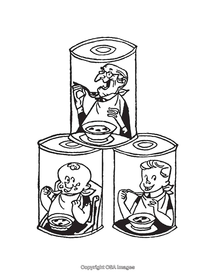 Illustration Featuring People Encased Inside Soup Cans Eating Together