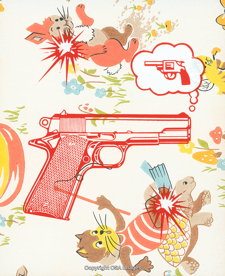 Abstract Artistic Rendering of Whimsical Animals Paired with Weapon Imagery