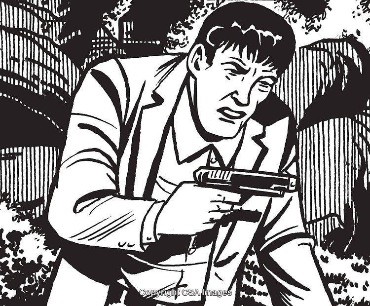 Monochrome Illustration of a Detective Holding a Pistol in a Forest Setting