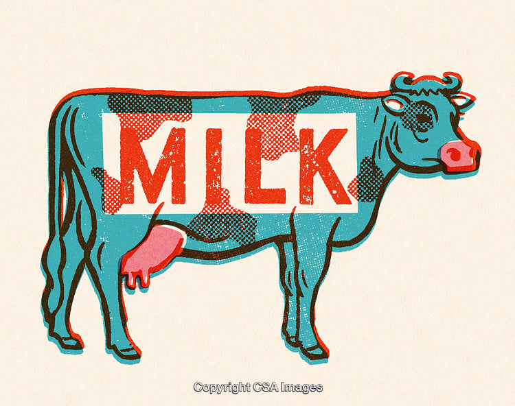 Colorful Illustration of a Cow With Milk Text in Artistic Style