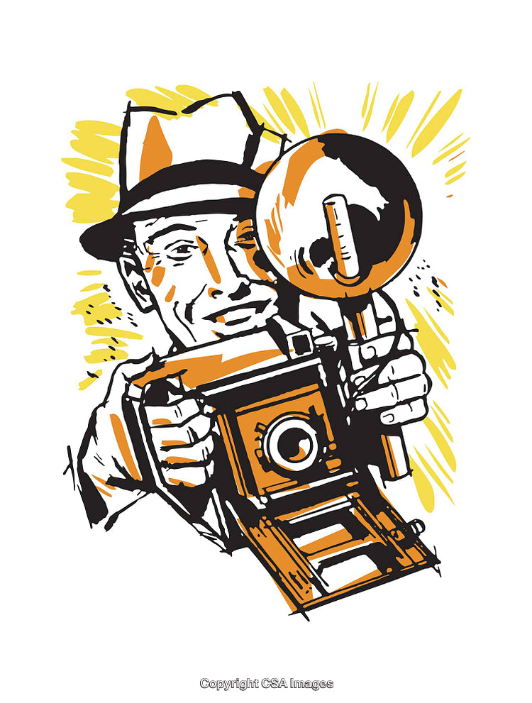 Vintage-Style Illustration of a Man Using a Classic Flash Camera