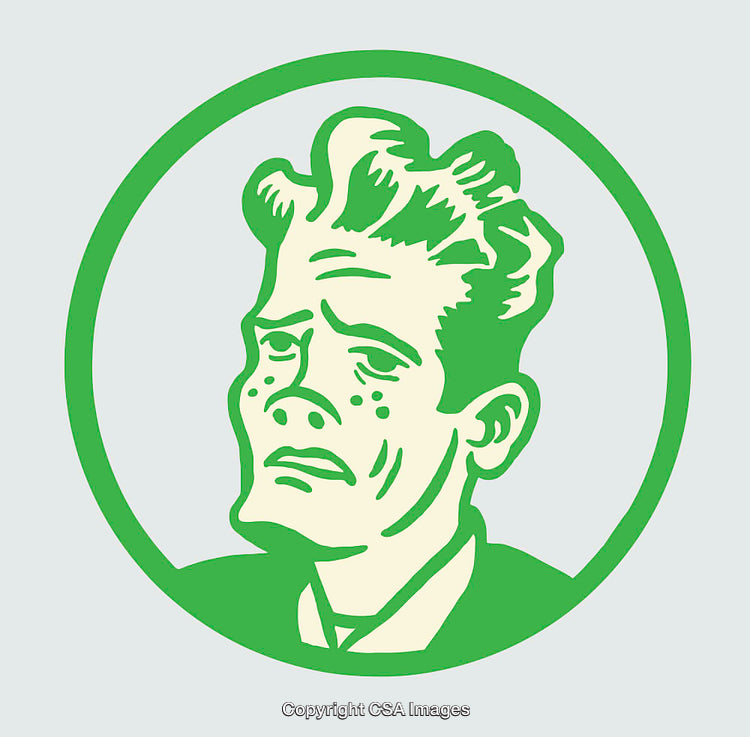 Retro Green Monochrome Line Art Illustration of a Thoughtful Expression