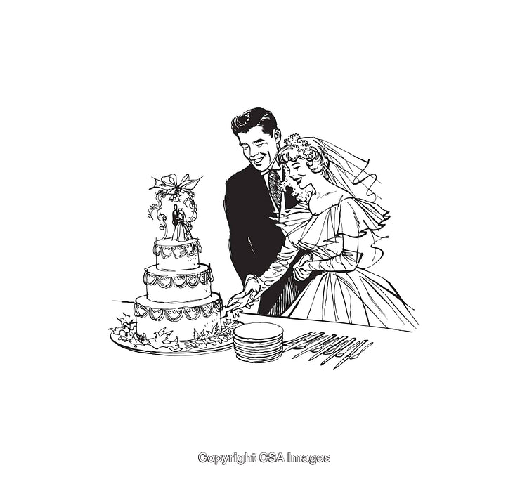 Vintage Wedding Couple Cutting a Tiered Cake Illustration in Black and White