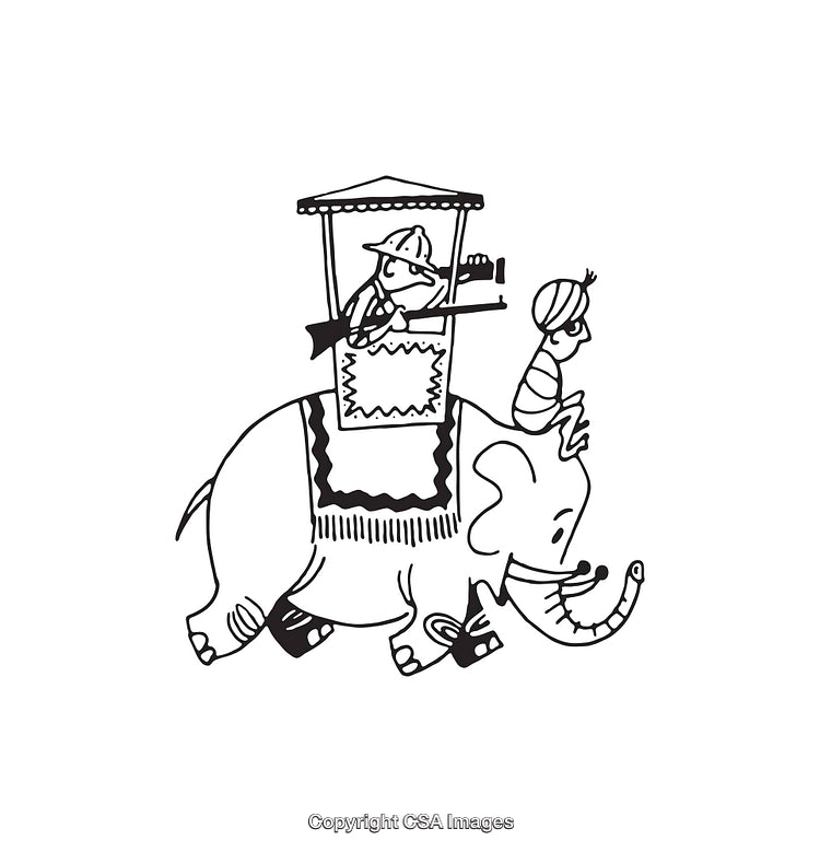Black And White Elephant Carrying Figures In Traditional Line Art Illustration