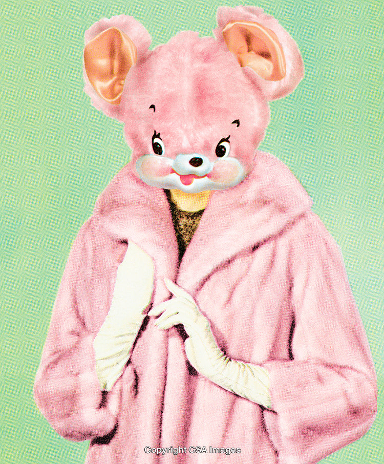 Whimsical Pink Anthropomorphic Mouse Character in Stylish Coat on Vibrant Background