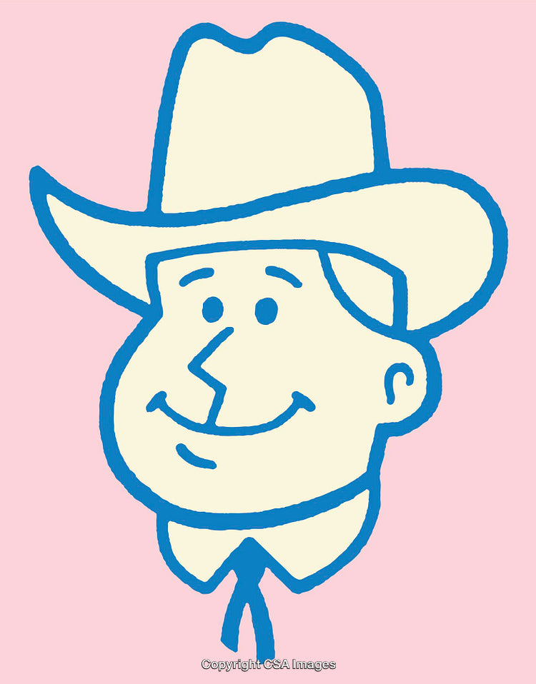 Smiling Cartoon Cowboy in Bold Line Art Illustration on Pink Background
