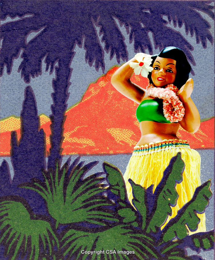 Colorful Hula Figure Amidst Tropical Palms and Volcanic Background
