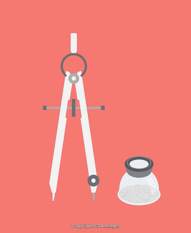 Minimalistic Line Art of a Compass and Magnifying Glass on Coral Background