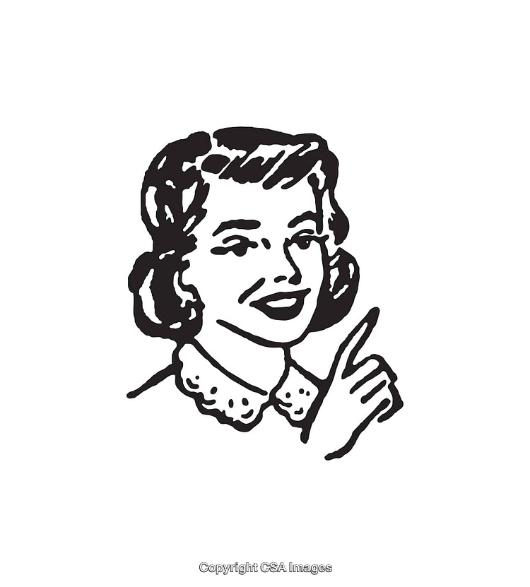 Vintage Black and White Illustration of a Smiling Woman Pointing Up
