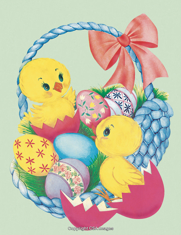 Colorful Easter Basket With Decorative Eggs and Young Yellow Chicks